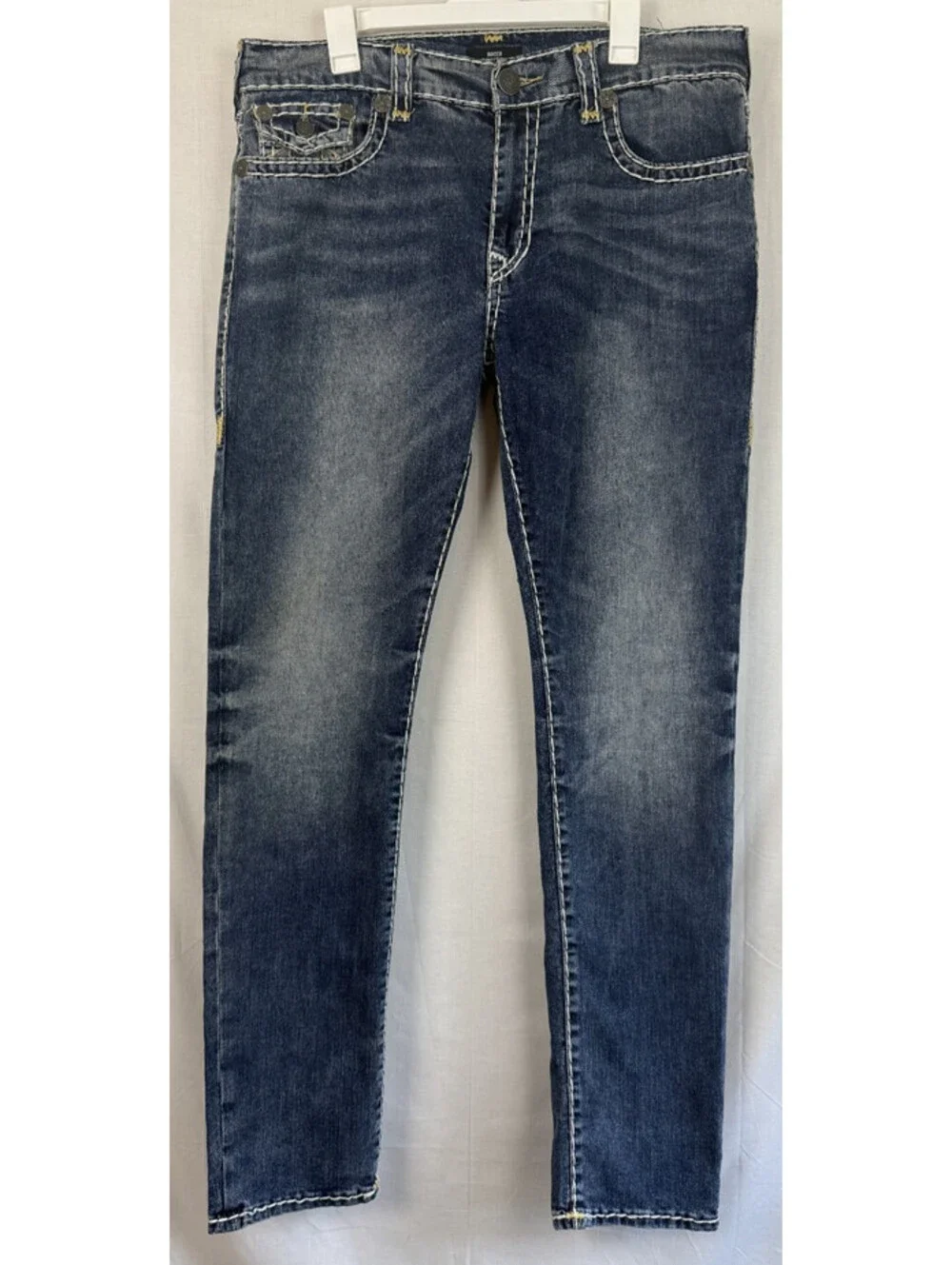 True Religion ROCCO Relaxed Skinny Mens Sz 36 x 34 Blue Denim Jeans Thick Stitch